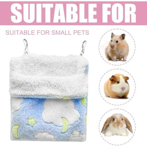 Hamacs en peluche (2 pièces) pour petits animaux, hamac suspendu pour hamster, cochon d'Inde, chinchilla et furet, doux et chaud, motif étoile et lune, 18 x 20 cm (bleu, rose) (1/3)