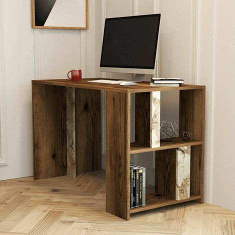 Dmora - Scrivania Bising, Scrittoio multiuso, Tavolo per ufficio porta PC, Piano di lavoro, 120x60h75 cm, Noce e Bianco Marmo (1/5)
