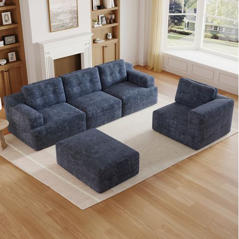Sofá modular de chenilla azul, 5 plazas, sin montaje, 252 x 180 x 82 cm HAVRYA (1/5)
