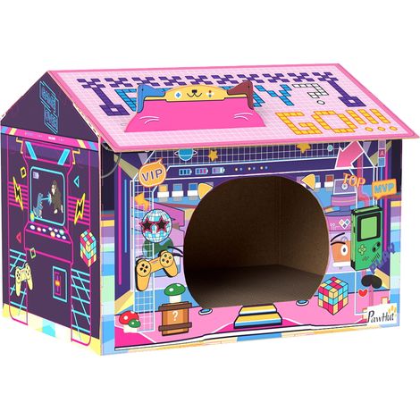 2 in 1 Gaming Style Cardboard Cat House  Scratching Board & Catnip for Indoor Cats, Pink (1/5)