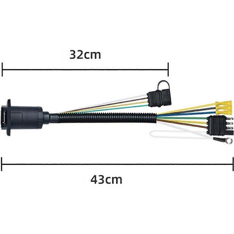 Adaptateur pour feux de remorque avec deux sorties : une prise plate à 4 broches vers une prise pour camping-car à 7 broches et une prise plate à 4 broches pour l’éclairage de la remorque.