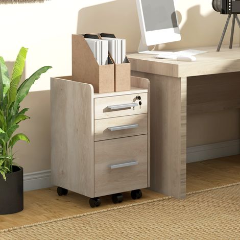 Meuble de rangement sous bureau mobile 3 tiroirs dont 1 verrouillable 1 organiseur documents bois clair beige (1/5)