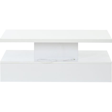 Table basse rectangulaire blanche avec LED multicolores, tiroir et étagère ouverte, 100 x 50 x 39 cm (1/5)