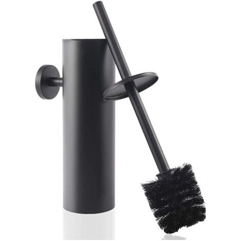 Brosse WC avec brosse de rechange et colle, brosse WC et récipient en acier inoxydable, fixation murale et support avec couvercle, accessoires de salle de bain à long manche, noir mat (1/4)