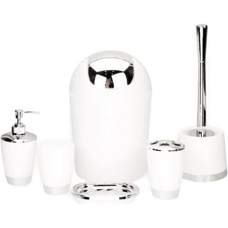 FENOPLASTICAUn ensemble de 6 accessoires de salle de bain comprend un distributeur de savon, une brosse de toilette et un porte-brosse de toilette blanc. (1/5)