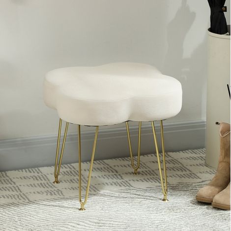 Puf reposapiés en forma de trébol de cuatro hojas, tapizado suave, patas de acero, poliéster, blanco crema (1/5)