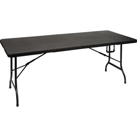 Perel Klapptisch, Buffettisch, Campingtisch, Picknicktisch, Holzoptik schwarz, klappbar tragbar mit Griff, HDPE Platte und Stahlgestell 180 x 75 x 72 cm, für innen und außen