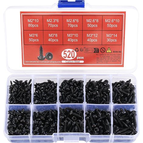 Vis Autotaraudeuses - 520 Pièces - Acier Carbone Noir - Tête Torx Ronde - Bois Métal Plastique - M2 à M3 (1/5)