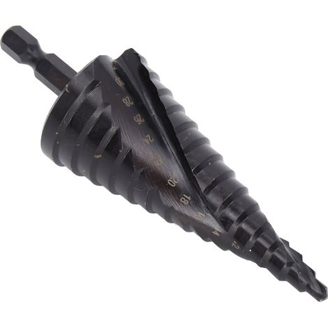 Foret étagé en acier rapide, rainure spirale noire, foret pagode à tige hexagonale noire nitrurée, alésoir multifonctionnel (15 étapes, 4-32 mm). (1/5)