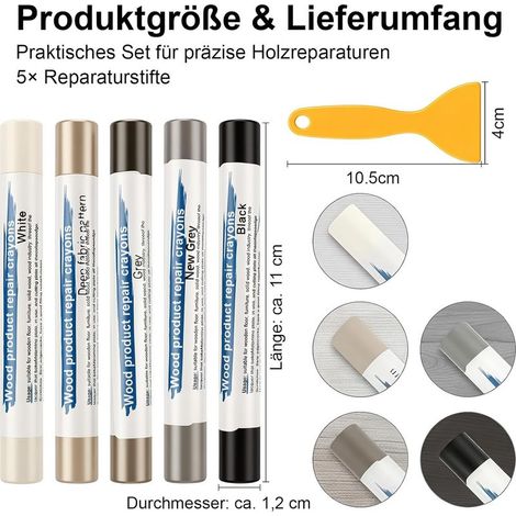 Hartwachs-Reparaturset für Holz-, Parkett- und Laminatböden, 5 Farben Holzreparaturstift, mit Spachtel, Kratzerreparatur für Böden, Tische, Türen, Holz und PVC (1/5)