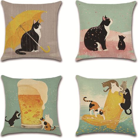 Lot de 4 Housses de Coussin motif chats mignons Taie d'oreiller pour Canapé Maison Salon Chambre Décoration D'intérieur, 45x45cm (1/5)