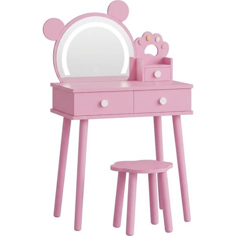 Petite Coiffeuse enfant avec tabouret et Miroir LED,3 Luminosité Réglable,2-en-1 Table De Maquillage en bois avec 3 tiroirs,Ensemble Bureau de coiffeuse enfant scandinave pour Chambre,Dressing(Rose) (1/5)
