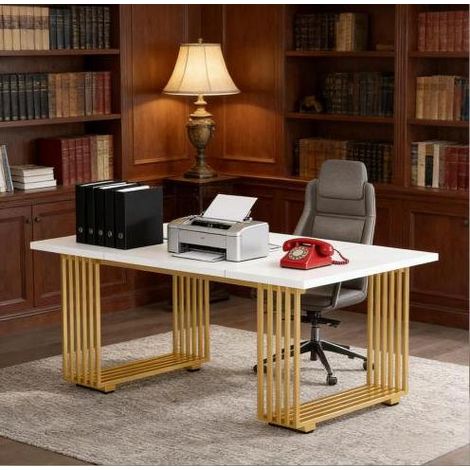 Bureau 180 cm blanc et doré métal bois HAVRYA (1/5)