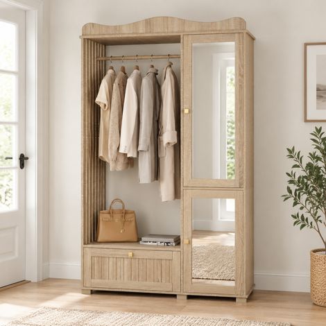 Armoire penderie avec miroir et rangement ouvert, tiroir et 2 portes, 115,5 x 38,5 x 194,5 cm, chêne HAVRYA (1/5)