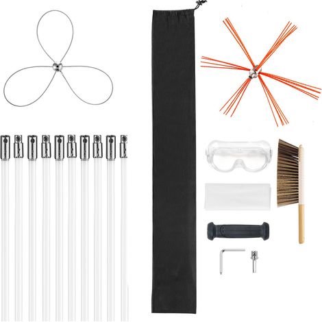 Nettoyeur de cheminée extensible 10m, brosse double tête, lunettes incluses, outil de ramonage pour conduits carrés, rectangulaires et cintrés. (1/5)