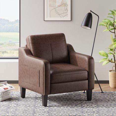 COLAMY Moderner Beistellsessel aus PU im Mid-Century-Stil mit seitlicher Aufbewahrung, ergonomischer Komfort für Wohnzimmer und Büro, Schokoladenbraun (1/5)