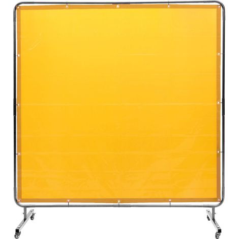 Écran de soudure avec cadre, 6' x 6', rideau ignifuge en vinyle, sur 4 roulettes pivotantes (2 freinables), mobile et professionnel pour atelier/industrie, jaune. (1/5)