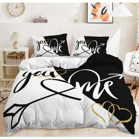 1 Parure de lit, 140x200cm, motif cœurs, housse de couette, taies d'oreiller, chambre couple
