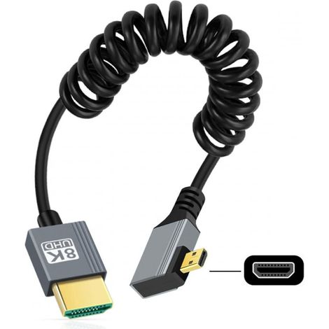 Câble Micro HDMI 2.1 mâle vers HDMI mâle 8K 60 Hz Câble spiralé extensible coudé à gauche à 90 degrés pour moniteur d'ordinateur portable de caméra HDTV (1/5)