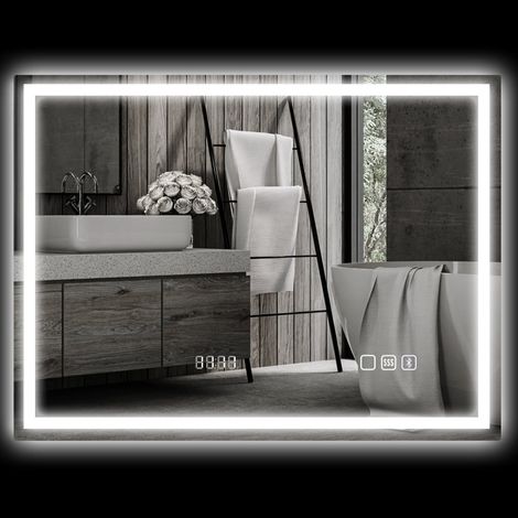 Specchio da bagno LED 80x60 cm con Bluetooth, orologio, antiappannamento e touch (1/5)