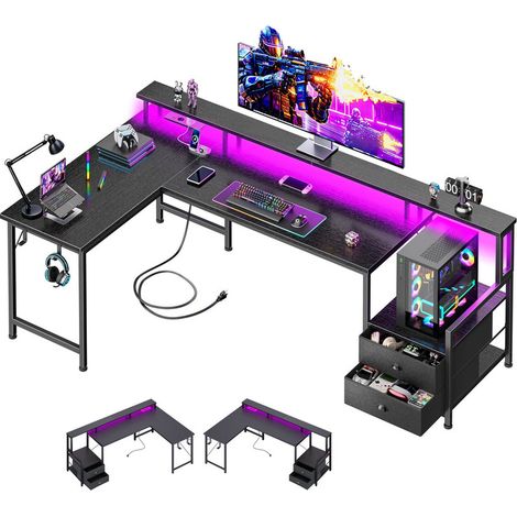 Bureau Gaming LED d'Angle en L 166cm avec Prises Électriques et Éclairage LED, avec Support Écran, Bureau Gamer avec 2 Tiroir en Tissus non tissés, 166 x 100 x 93 cm (L x l x H), Noir