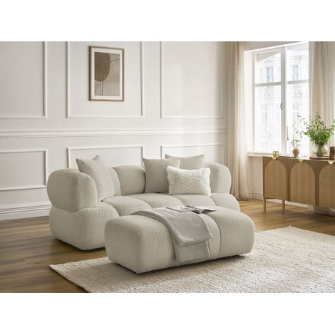 BOBOCHIC - Canapé droit fixe 2 places PAMIRA tissu bouclette avec pouf   Beige (1/5)