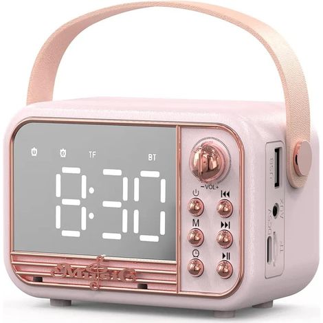 Enceinte Bluetooth rétro rose vintage portable sans fil avec alarme et carte TF