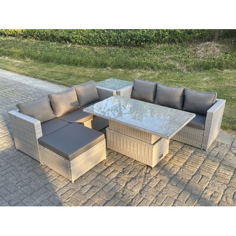 Fimous Rattan Garden Funiture Set Adjustable Rising Lifting Table Sofa Dining Set With Side Coffee Tea Table Footstool (1/3)