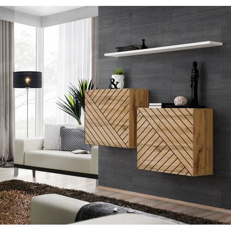 Ensemble de 3 meubles muraux "Switch buffet I" - Buffet en bois - Beige et Blanc - L 130 x H 110 x P 30 cm - Livraison gratuite