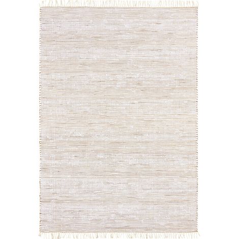 TOFOU - Tapis à franges en jute blanc motif rayé naturel 60x110