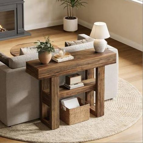 Tavolo consolle 105x30x80 cm marrone, 2 ripiani, MDF, stile country MEUBLIV (1/5)