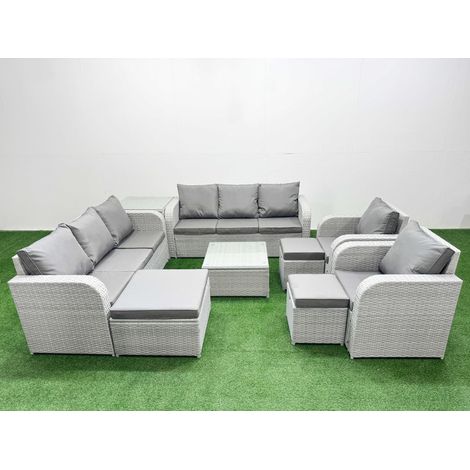 Fimous PE Rattan High Back Lounge Sofa Set Patio Square Coffee Table & Chairs Set with 3 Seater Sofa Reclining Chair 3 Stools Side Table Light Grey (1/4)