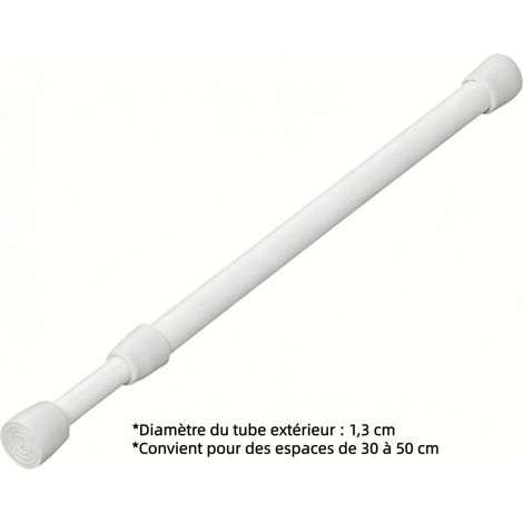Barre télescopique à ressort multifonction blanche, extensible de 30 à 50 cm, pour armoires, étagères, rideaux de douche et projets DIY, sans perçage (1/5)