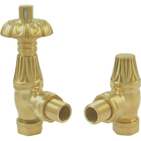 Warmehaus Traditional Antique Style Brass Thermostatic Radiator Valve Lockshield Heated Towel Rail Angled TRV Brushed Brass