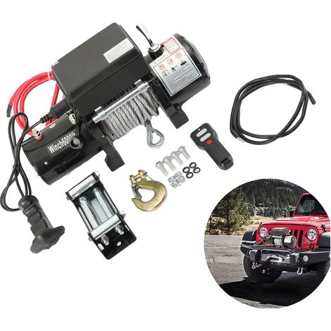 Cabrestante eléctrico, 1,6 kW, 12 V, capacidad de carga de 2722 kg (6000 lb), relación de transmisión 265:1, longitud del cable de 12 m. (1/5)
