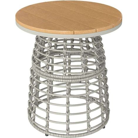 Table basse de jardin table d'appoint extérieur ronde en résine aspect rotin acier et plateau composite Ø45 x 50 cm gris (1/5)