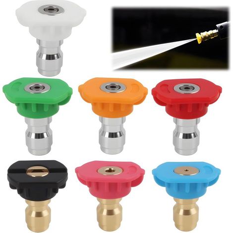 Lot de 7 buses de pulvérisation pour nettoyeur haute pression - Raccord rapide de 6,35 mm - Buses multi-degrés pour un nettoyage polyvalent - Pour voitures, jardins, terrasses, etc (1/5)