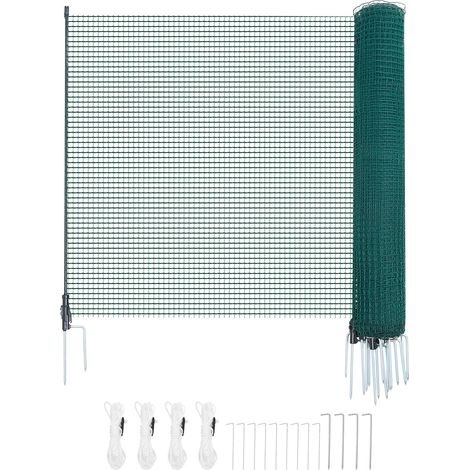 Mophorn Valla para pollos y perros, 1,2 m x 15 m, red de seguridad para jardines, con postes y estacas de doble punta, malla plástica de protección para aves de corral y cría de animales, verde (1/5)