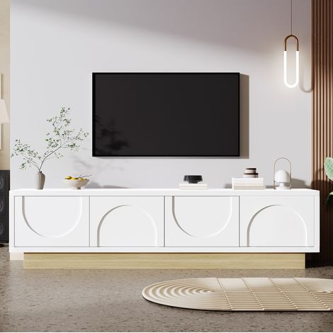 Mueble TV moderno 175 cm, diseño redondeado, almacenaje cerrado, blanco y madera, MDF, FloraGrace (1/5)