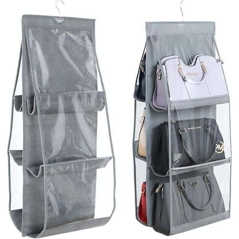 1 Rangement suspendu - Gris, Rangement de garde-robe, Système de rangement de placard, 6 sacs à poussière, Compartiments transparents, Non-tissé (1/4)