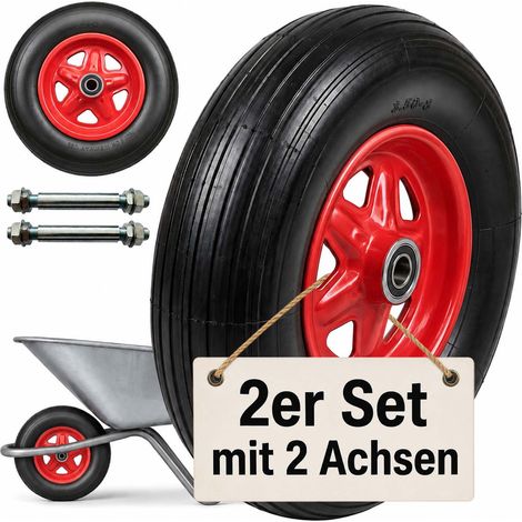 Relaxdays Sackkarrenrad 2er Set, 3.50-8, Vollgummi, Komplettrad Stahlfelge, mit Achse, Ersatzrad Schubkarre, schwarz/rot