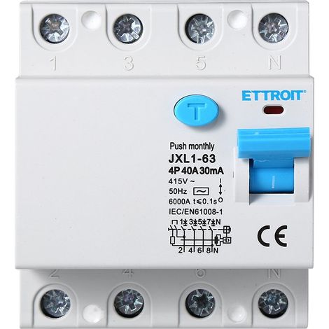 ETTROIT Interruttore Differenziale Puro 4P 40A 6kA 30mA 380V Salvavita 4 Moduli DIN JX344061