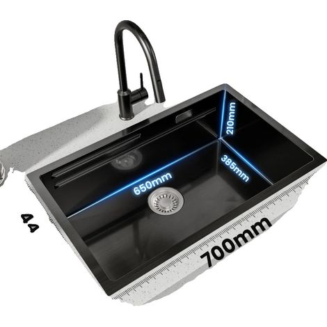 Évier de cuisine, acier inoxydable nano-revêtu, système de rail à double bord, Noir (1/5)