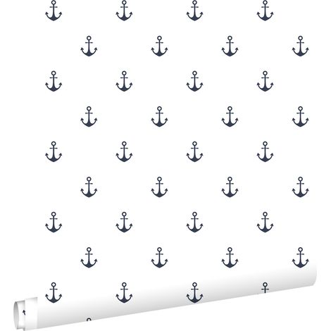 papier peint ancres blanc et bleu foncé  - ESTAhome