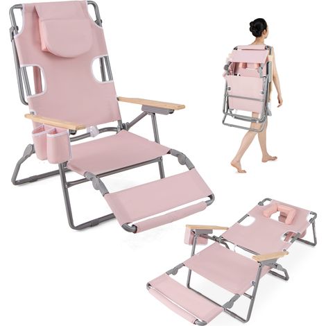 COSTWAY 3-IN-1 Foldable Beach Chair Lay-Flat Tanning Chair w/ Face Hole-Pink (1/5)