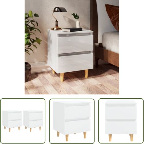 The Living Store Nachttische 2 Stk. mit Kiefernholz-Beinen Hochglanz-Weiß - Nachttisch - Schreibtischlampe - Wohnzimmer Deko - Skandinavisches Design - Massiver Holzkörper (1/5)
