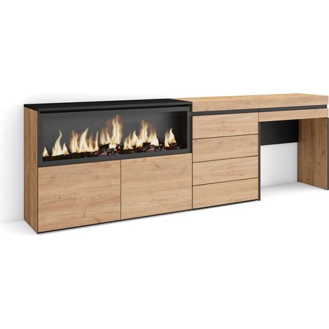 Skraut Home – Coiffeuse moderne avec tiroir – Table de maquillage 70x34,6x75cm – Commode 4 tiroirs – Cheminée électrique à LED – Rangement chêne et noir (1/5)
