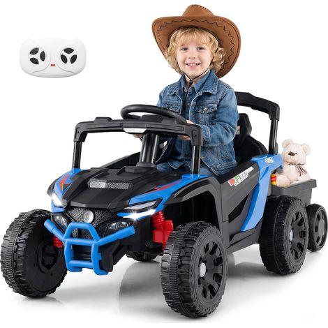 COSTWAY 12V Voiture Électrique Enfants avec Remorque Amovible, Buggy Électrique Enfant avec Télécommande 2,4G, Phares LED, Musique, Klaxon, 3-5 km/h, Charge 30 kg, pour Garçons Filles 3+ Ans (Bleu) (1/5)