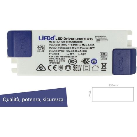 Led Driver CC 800mA 30V-40VDC 32W Alimentatore Corrente Costante Per Pannello Led Modulare