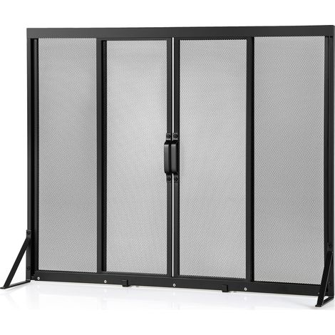 Écran de Foyer avec Portes Coulissantes, Panneau Plat en Maillage Métallique avec Cadre de Support Triangulaire 96 x 72 CM pour Salon, Noir (1/5)